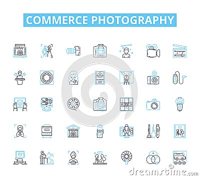 Commerce photography linear icons set. E-commerce, Product, Advertising, Market, Sales, Merchandising, Display line Vector Illustration