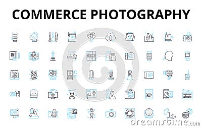Commerce photography linear icons set. E-commerce, Product, Advertising, Market, Sales, Merchandising, Display vector Vector Illustration