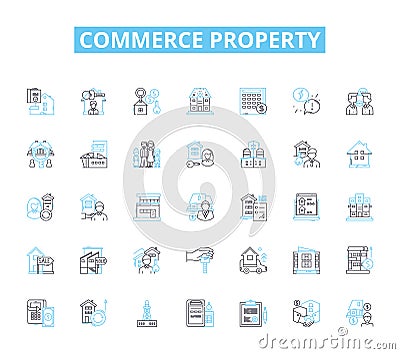 Commerce property linear icons set. Retail, Commercial, Industrial, Office, Warehouse, Shopping, Plaza line vector and Vector Illustration