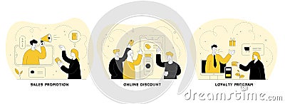 Commerce and trade in internet flat linear vector illustration set. Sales promotion, online discount, loyalty program Vector Illustration