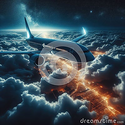 Commercial airliner flies over clouds in a night sky Stock Photo