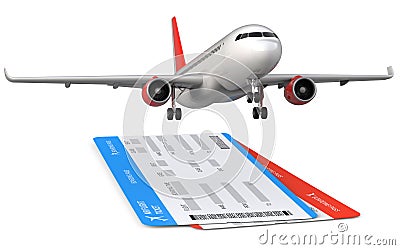 Commercial airplane, airliner with two airline, air flight tickets . Passenger plane take Off, 3d render on Stock Photo