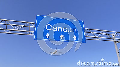 Commercial airplane arriving to Cancun airport. Travelling to Mexico conceptual 3D rendering Stock Photo