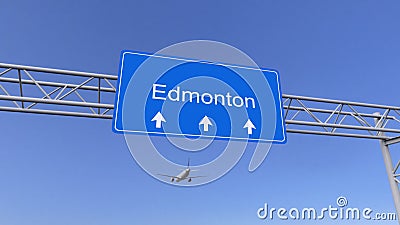 Commercial airplane arriving to Edmonton airport. Travelling to Canada conceptual 3D rendering Stock Photo