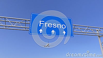 Commercial airplane arriving to Fresno airport. Travelling to United States conceptual 3D rendering Stock Photo