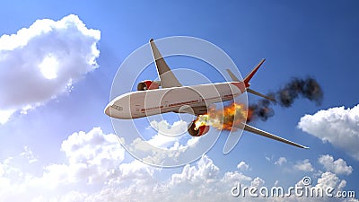 Commercial airplane with engine on fire, concept of aerial disaster. 3D illustration Cartoon Illustration