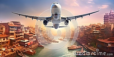 Commercial airplane flying above scenic landscape in beautiful sunset light. Traveling concept design banner. AI generated Stock Photo
