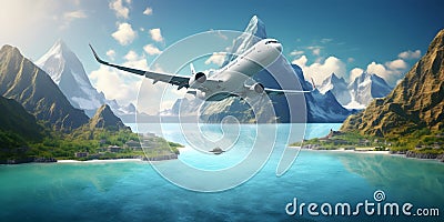 Commercial airplane flying above scenic landscape in beautiful sunset light. Traveling concept design banner. AI generated Stock Photo