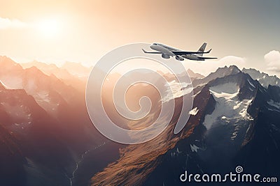 Commercial airplane flying above scenic landscape in beautiful sunset light. Traveling concept design banner. AI generated Stock Photo