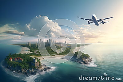 Commercial airplane flying above scenic landscape in beautiful sunset light. Traveling concept design banner. AI generated Stock Photo
