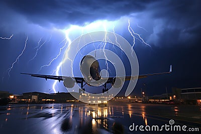 Commercial airplane flying through thunderstorm, heavy rain, lightning strike, storm, generative ai Stock Photo