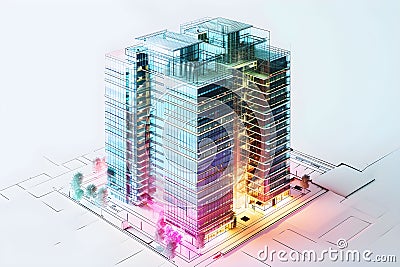 Commercial building data models, holographic technology, infographics, small square data sheets, future technology, Generative AI Stock Photo