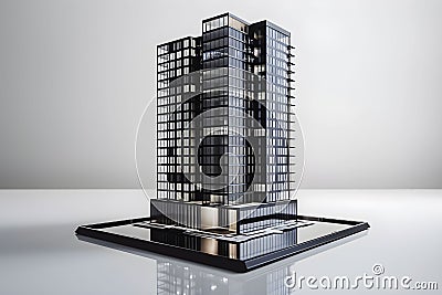 Commercial building data models, holographic technology, infographics, small square data sheets, future technology, Generative AI Stock Photo