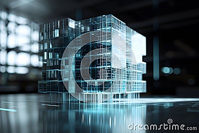 Commercial building data models, holographic technology, infographics, small square data sheets, future technology, Generative AI Stock Photo