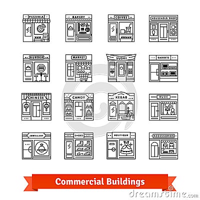 Commercial buildings set. Thin line art icons. Vector Illustration