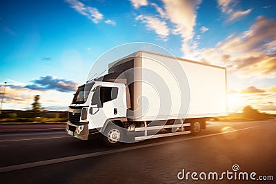 Commercial cargo delivery truck with blank white trailer driving on highway. Stock Photo