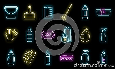 Commercial cleaner equipment icons set vector neon Vector Illustration