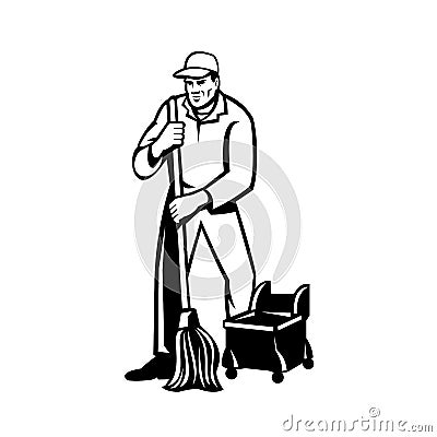 Commercial Cleaner or Janitor Mopping Cleaning Floor Retro Black and White Vector Illustration