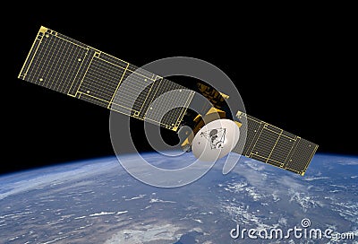 Orbiting High Tech Communication Satellite Space Telecommunication Industry Circuit Connectivity Digital Binary Technology Stock Photo