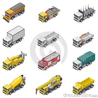 Commercial, construction, and service trucks isometric icon set Vector Illustration