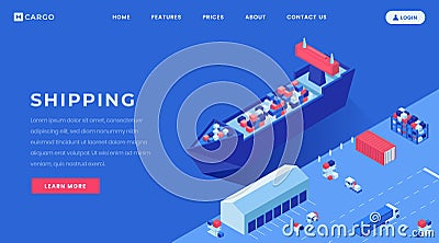 Commercial conveyance landing page vector template. Shipyard, harbor website homepage interface idea with isometric Vector Illustration