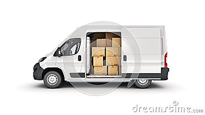 Commercial delivery vans with cardboard boxes. Stock Photo