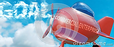 Commercial enterprise helps achieve a goal - pictured as word Commercial enterprise in clouds, to symbolize that Commercial Cartoon Illustration