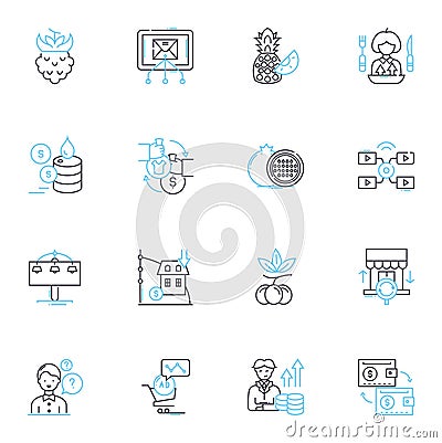 Commercial exchanges linear icons set. Trading, Deals, Commerce, Negotiations, Transactions, Bartering, Exchanging line Vector Illustration