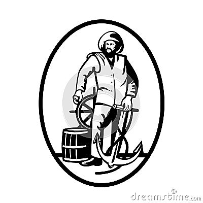 Commercial Fisherman at the Helm with Anchor and Wooden Barrel Retro Black and White Vector Illustration