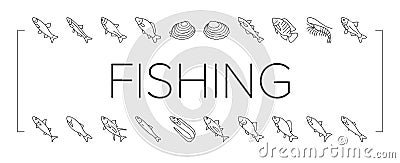 Commercial Fishing Aquaculture Icons Set Vector . Vector Illustration