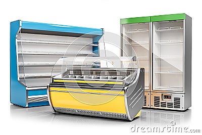 Commercial freezer display case, ice cream showcase and vertical refrigeration cabinet isolated on white background 3d Stock Photo