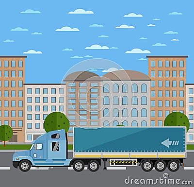 Commercial freight truck on road in city Vector Illustration