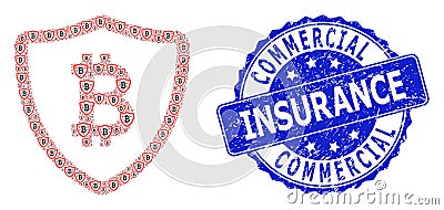 Textured Commercial Insurance Round Watermark and Recursion Bitcoin Shield Icon Composition Vector Illustration