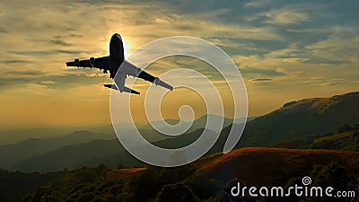 Commercial jet aeroplane maneuvering over mountain Stock Photo