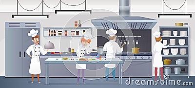 Commercial Kitchen with Cartoon Characters Chef Vector Illustration