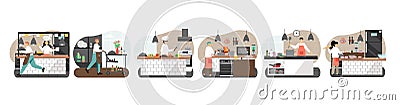 Commercial kitchen scene set. Chef, confectioner, waiter characters, vector illustration. Restaurant business, catering. Vector Illustration