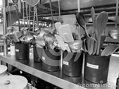 Commercial kitchen: utensils Stock Photo