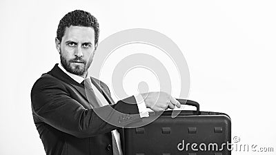 Commercial offer. Businessman demonstrate briefcase. Business conference. Business attributes. Justification for Stock Photo