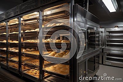 commercial ovens, with racks full of freshly baked bread and pastries Stock Photo