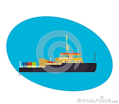 Commercial and passenger cargo ship, with cargo on board. Vector Illustration