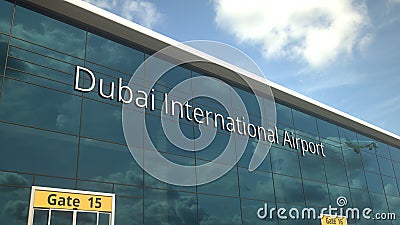 Taking off airplane reflecting in the modern windows with Dubai International Airport text, 3d rendering Editorial Stock Photo