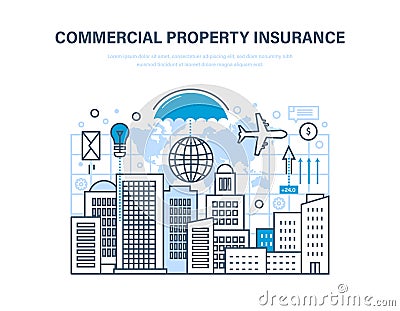 Commercial property insurance. Crediting, financial security, investment and property. Vector Illustration