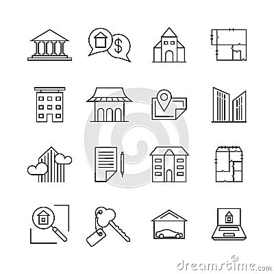 Commercial real estate linear icons. Property for sale line signs Vector Illustration