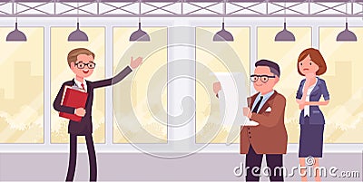 Commercial real estate sale broker, male leasing agent showing property Vector Illustration