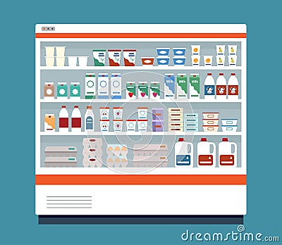 Commercial refrigerator full of dairy products. Isolated on blue background. Vector Illustration