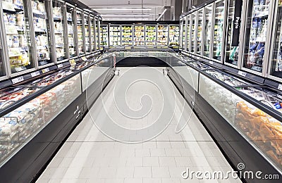 Commercial refrigerators in a large supermarket Editorial Stock Photo