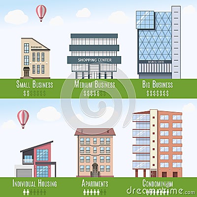 Commercial and Residential Real Estate Infographics, set of 6 buildings. Vector illustration Vector Illustration