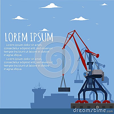 Commercial seaport banner with port crane Vector Illustration