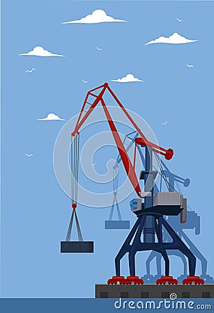 Commercial seaport banner with port crane Vector Illustration