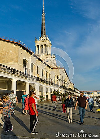 Commercial seaport of Sochi. City center with spike of main building tower Marine Station. Resort city center. Sochi, Editorial Stock Photo